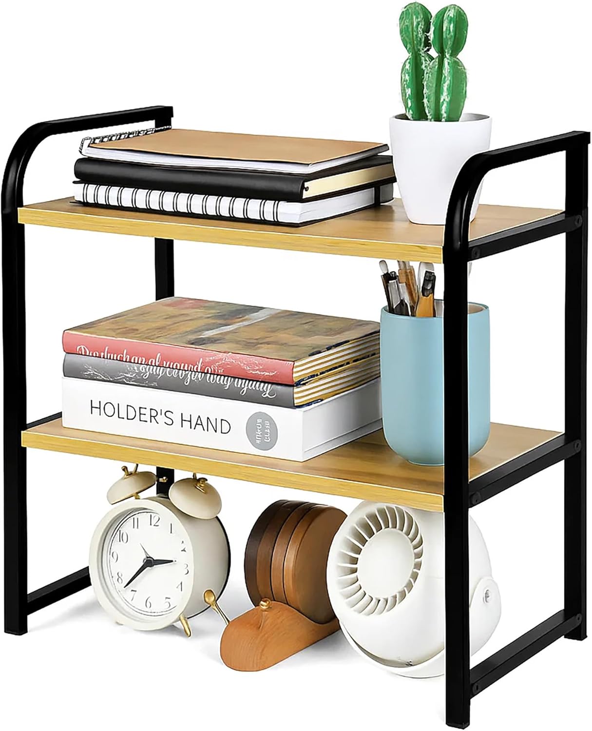 Desktop Shelf Organizer Office Desk Shelf for Top of Desk Wood & Metal Bookshelf Supplies Storage Rack (Black&Walnut)
