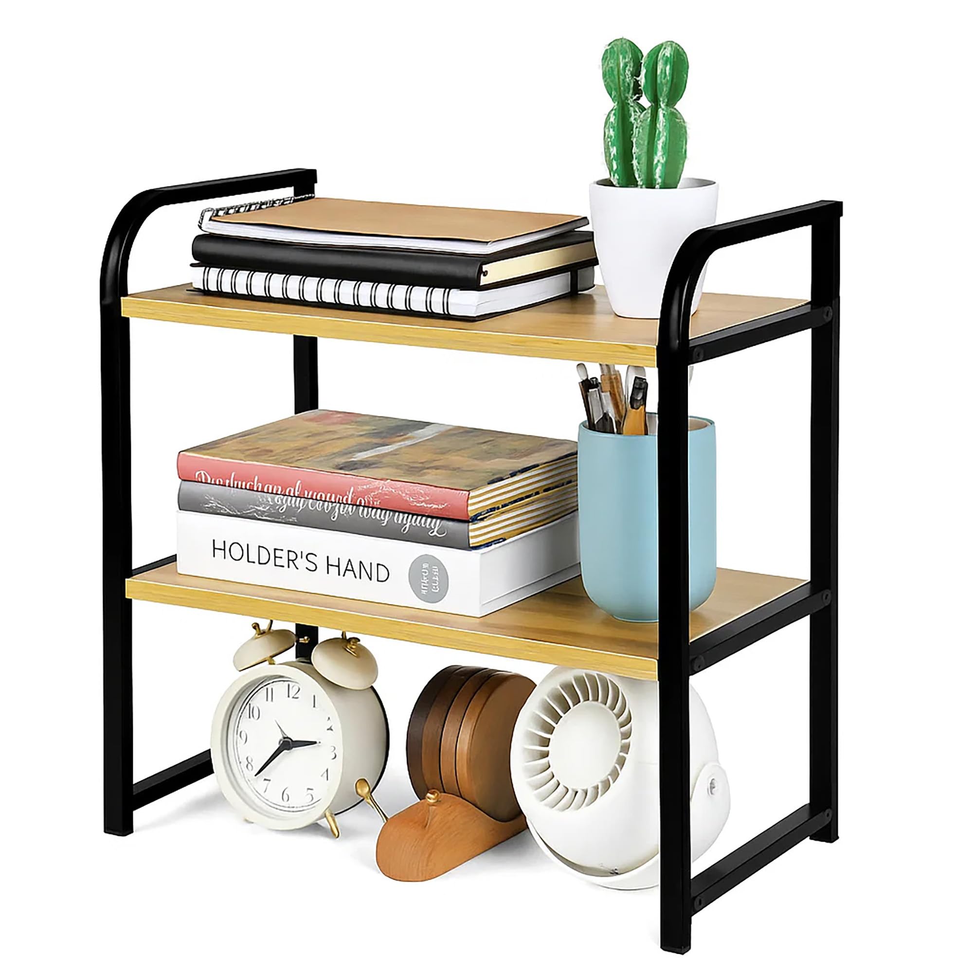 UPRIMEASY Desktop Shelf Organizer Office Desk Shelf for Top of Desk Wood & Metal Bookshelf Supplies Storage Rack (Black&Walnut)