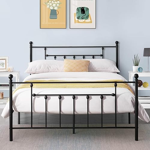 Miniatura 32 de VECELO - Base de cama de tamaño matrimonial de alta calidad, base de colchón con plataforma de metal, repuesto con cabecero estilo victoriano Mate