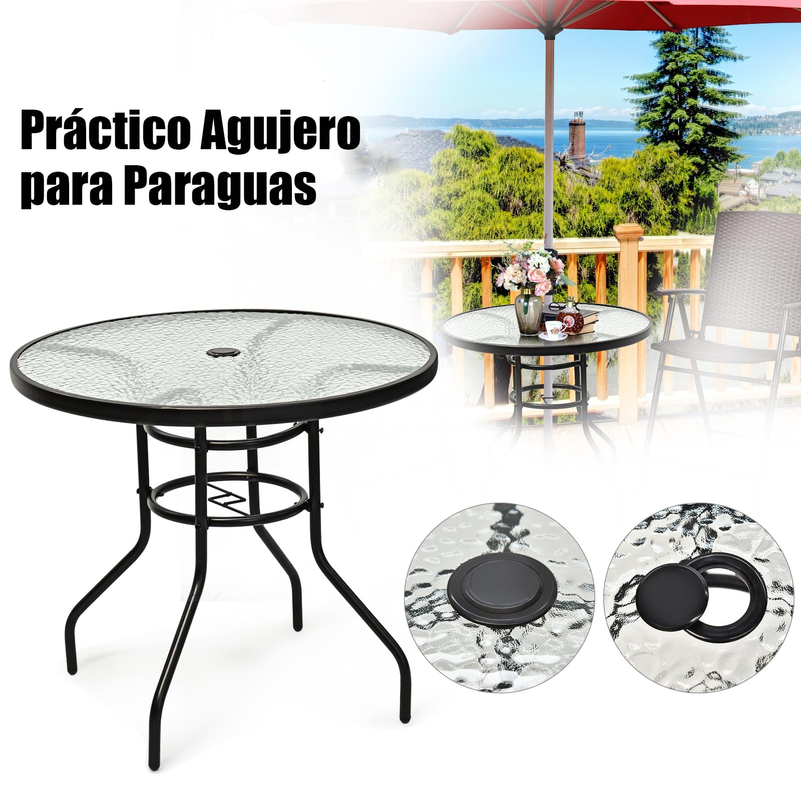 GYMAX 80 cm de Diámetro, Resistente a la Intemperie con Agujero para Sombrilla, Mesa de Jardín con Tablero de Cristal y Estructura de Metal, Mesa Redonda para Balcón, Terraza, Jardín