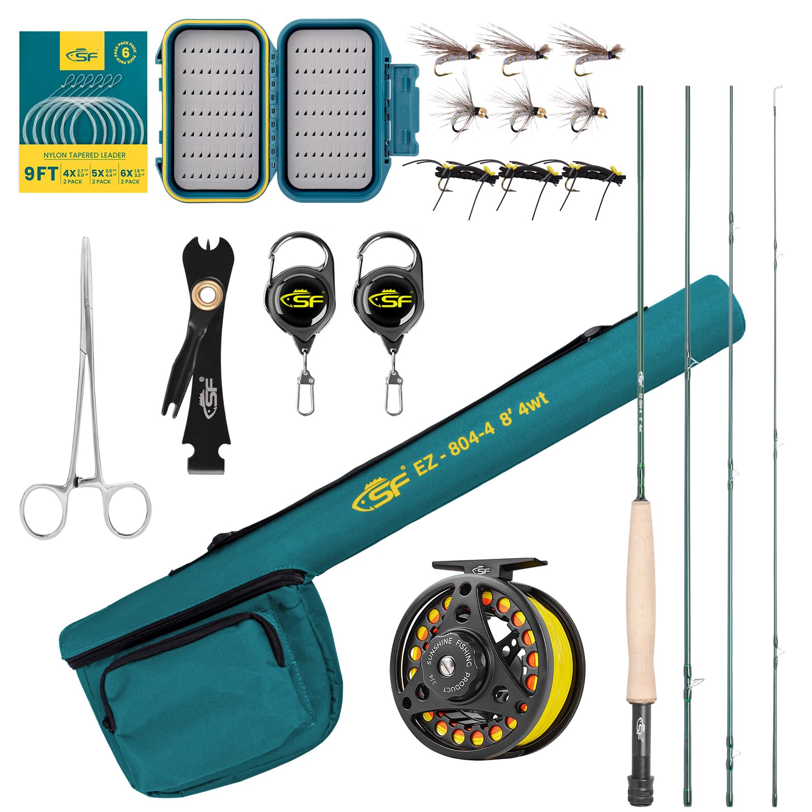 SF Fly Fishing Rod Combo 4 Pack 3w 8ft 4w 8ft 5/6/7/8w 9ft Emerald Green 24T Carbon Fiber Rod with Case, Pre Spooled Reel, Fly Box with Flies Tapered Leader