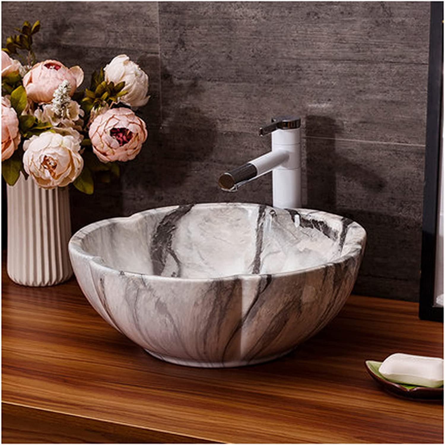 WOTZOV Ceramic Bathroom Sink Bathroom Sink Oval 41 X 15 Cm, Bathroom Countertop Art Sink Washbasin Marble Pattern Ceramic Above Counter Basin, Vessel Sink,Sinkset