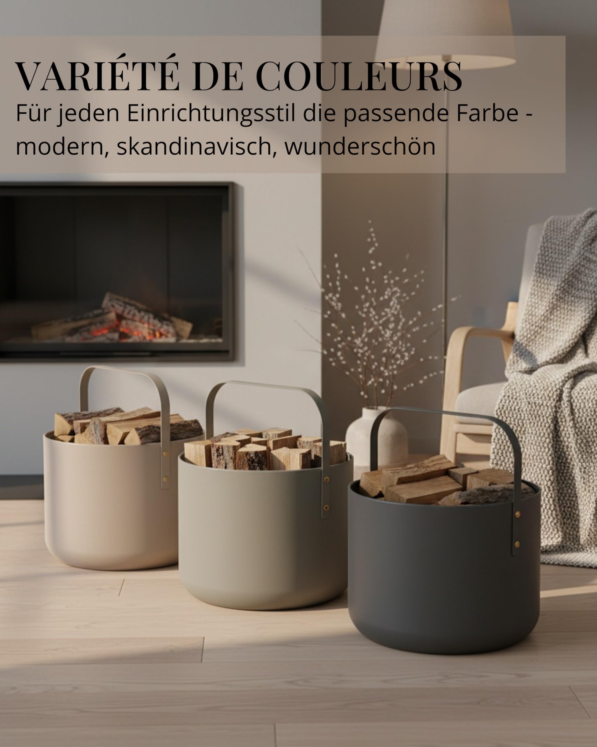 LIVLIG Panier à bûches métal design 36 x 44 cm beige mat - Accessoire cheminée rangement