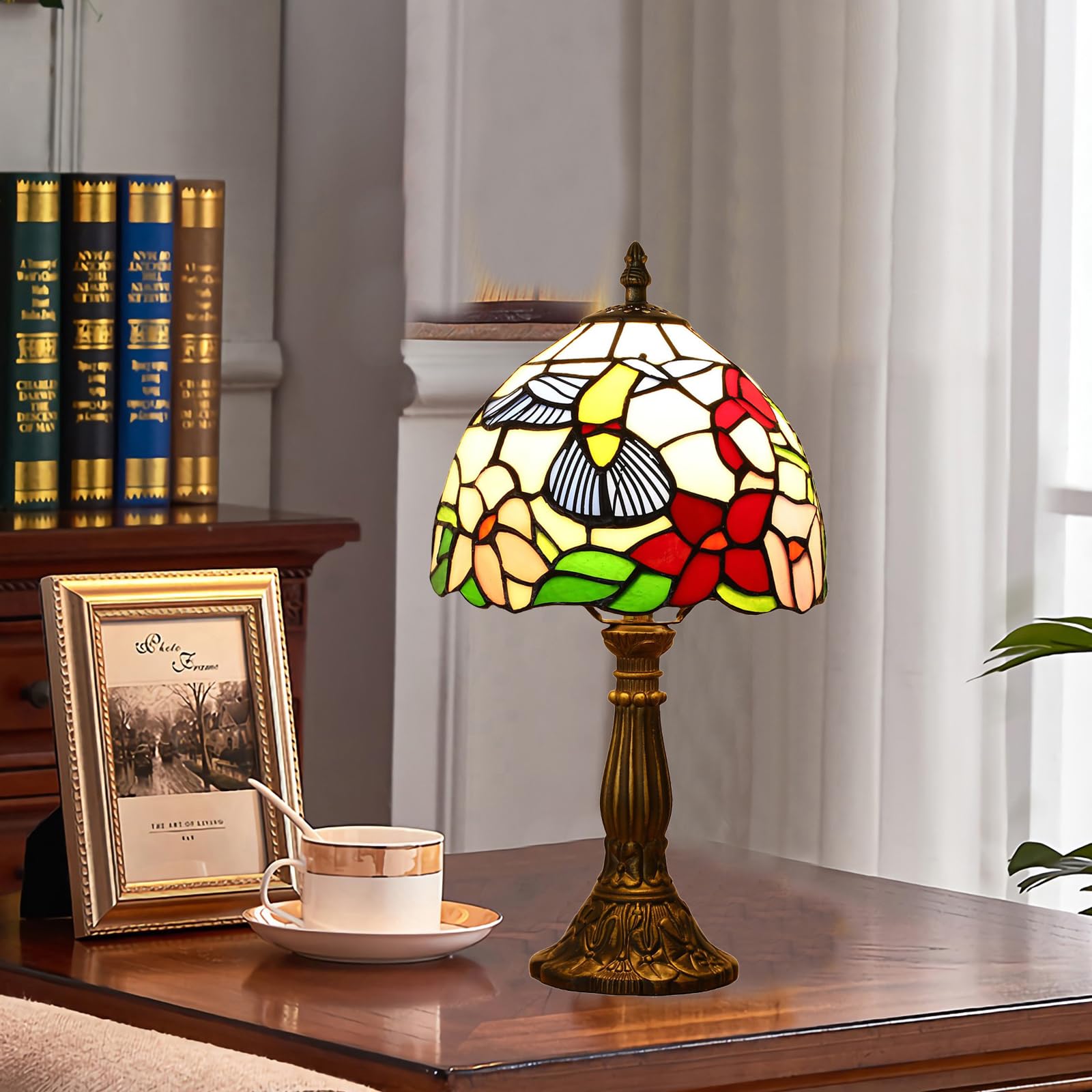 Lampada Tiffany da Tavolo con Paralume in Vetro Colorato per Soggiorno, Camera da Letto, Studio e Tavolino da Caffè