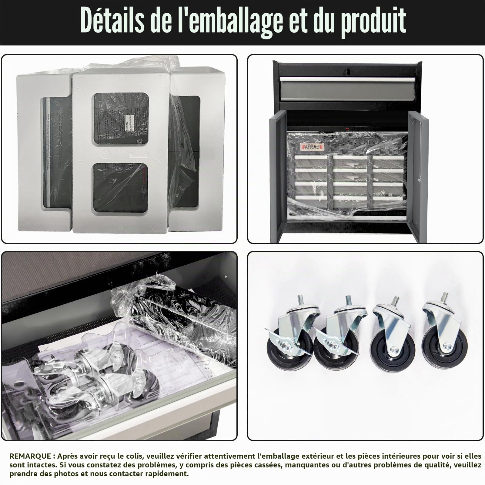 AIRAJ Servante d'atelier à Sept Tiroirs|Servante Atelier Roulante à Poulie de 40 Pouces de Haut|Boîte à Outils Métallique à Couvercle Amovible|avec Crochets,Doublure et Séparateurs de Plateau|Noir