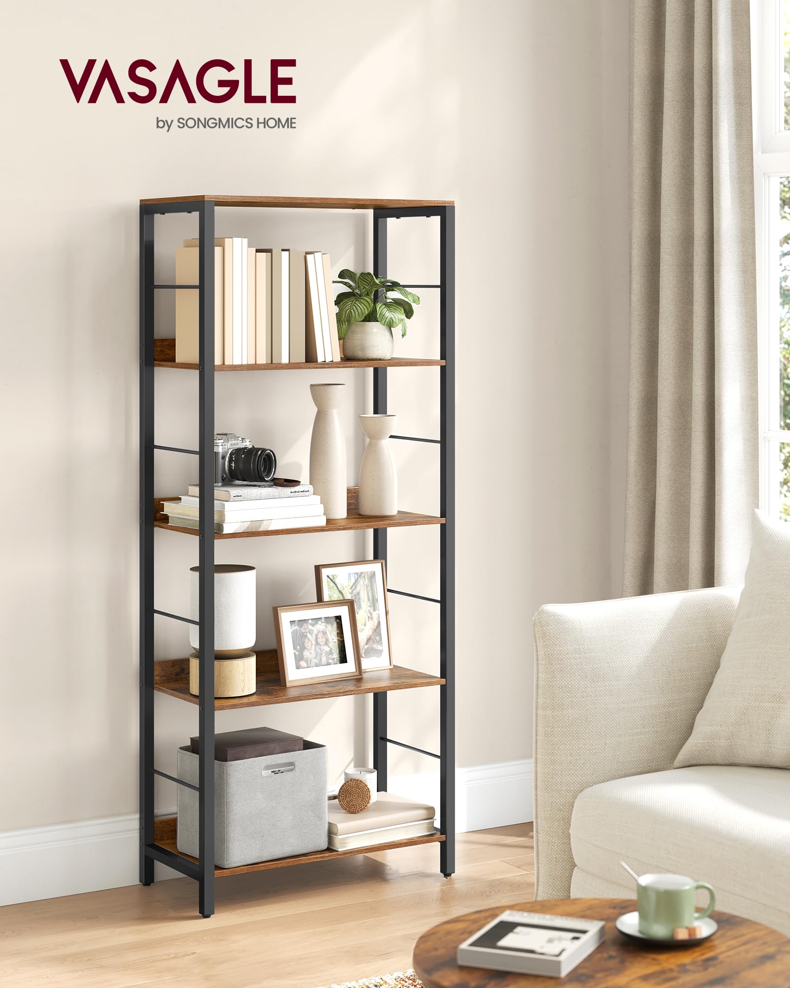 VASAGLE Bücherregal 5 Ebenen - Industrie-Design Regal Vintagebraun