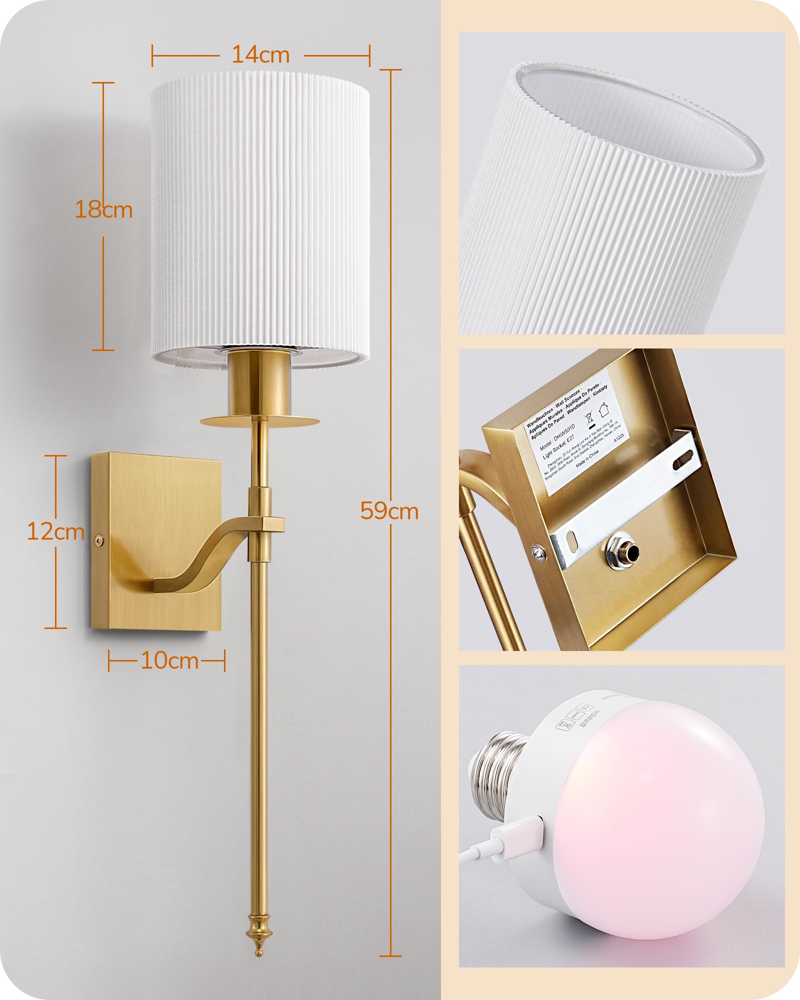 EDISHINE Aplique de pared interior inalámbrico, 2 unidades, mando a distancia y E27 RGBW, bombilla regulable y recargable, 3000K-4500K-6000K, color blanco, base dorada para sala de estar,dorado