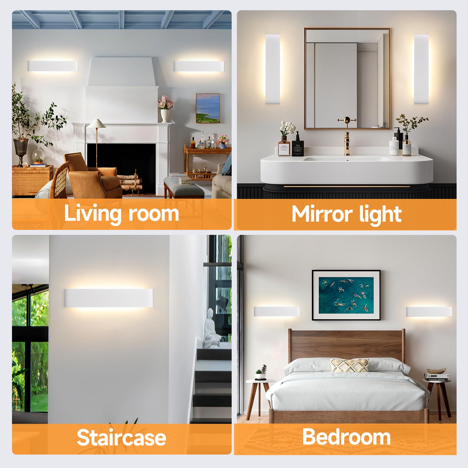 YCZM Applique da Parete Interno 24W,Lampada LED Parete Interni 3000K/4000K/6500K Temperature a tre colori opzionale,Applique LED da Parete Interno 38CM 2880LM,Lampada a Muro 4 Pezzi Bianco