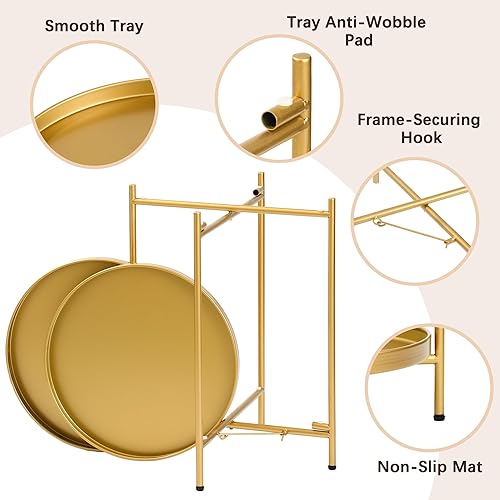 Miniatura 5 de Mesa auxiliar redonda de 2 niveles, pequeña mesa auxiliar de metal con bandeja extraíble, mesas decorativas plegables para sala de estar, balcón,