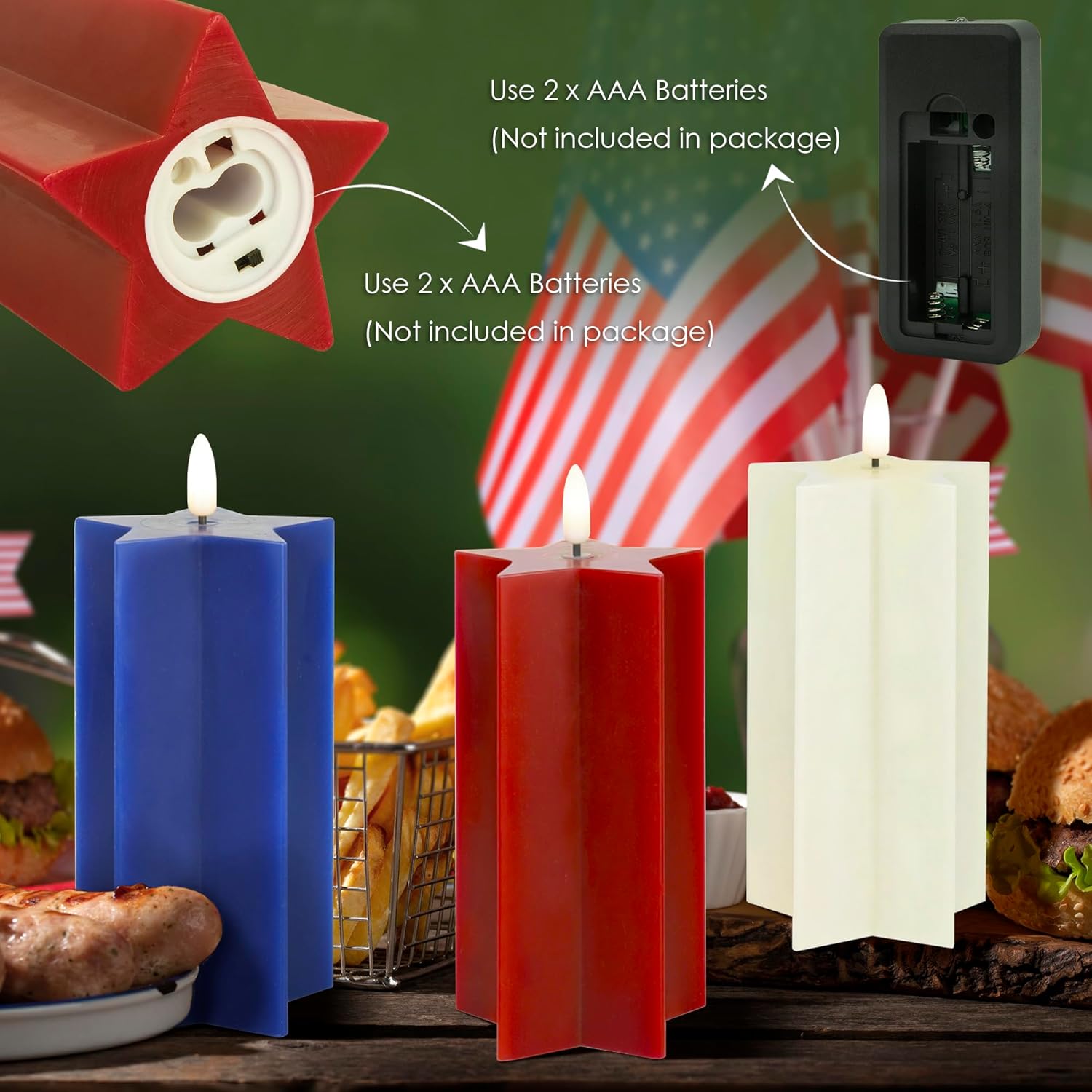 LUSHARBOR 4th of July Flameless Candles with Remote, Red White & Blue 3 Pack Patriotic Battery Operated Candles Star Shape, Real Wax LED Fake Candles for Home Party Holiday Decor