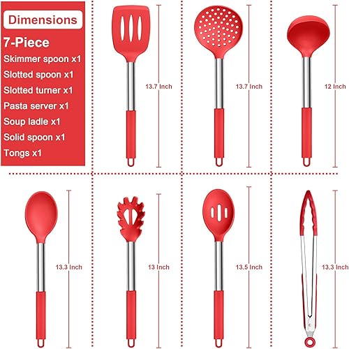 Miniatura 2 de E-far Juego de utensilios de cocina de silicona, 7 piezas de utensilios de cocina resistentes al calor con mango de acero inoxidable, espátula