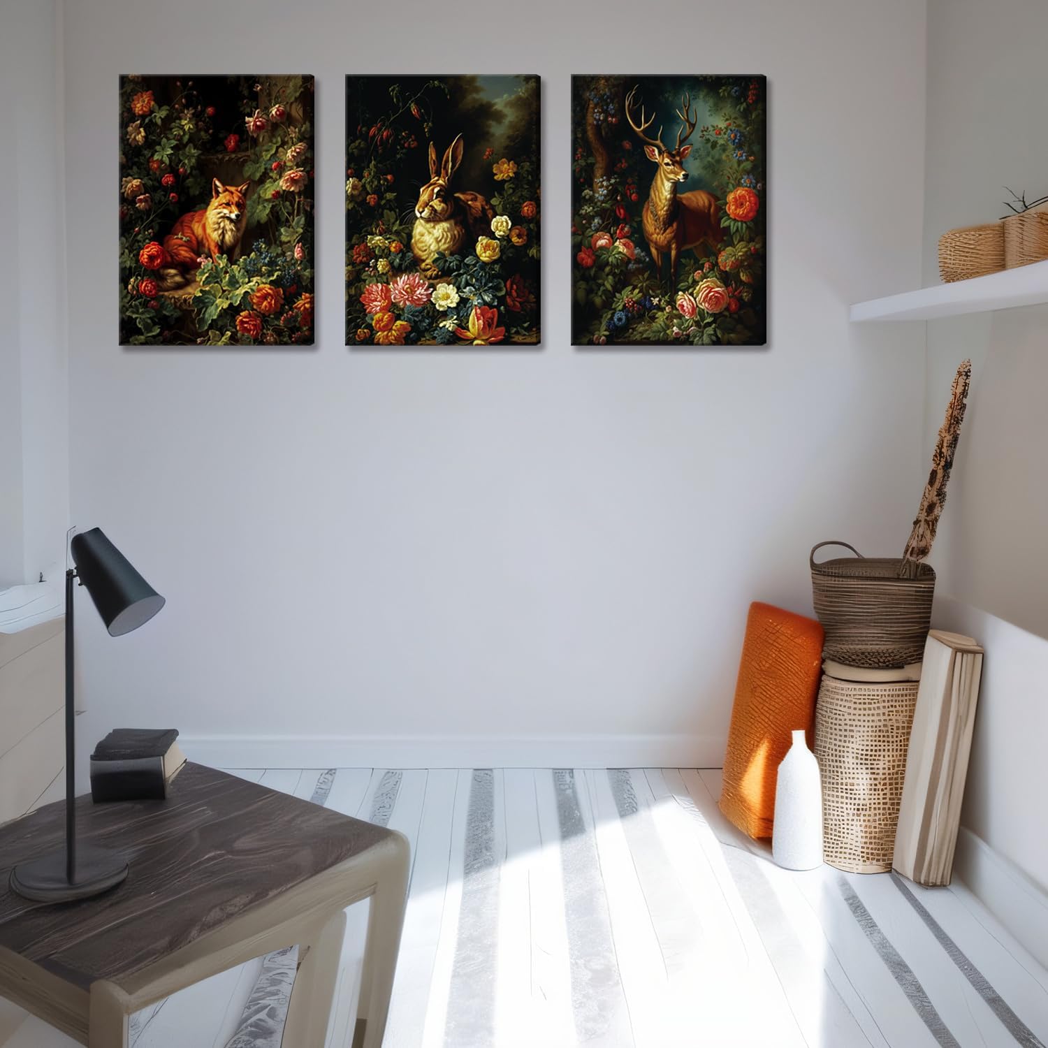 3 Piece Framed Forest Wall Art Animal Fox Elk rabbit Canvas Prints Victorian Gothic Botanical Floral wall art for living room Bedroom Decor Retro Plant Oil Paintings Prints Ready to Hang 12x16in