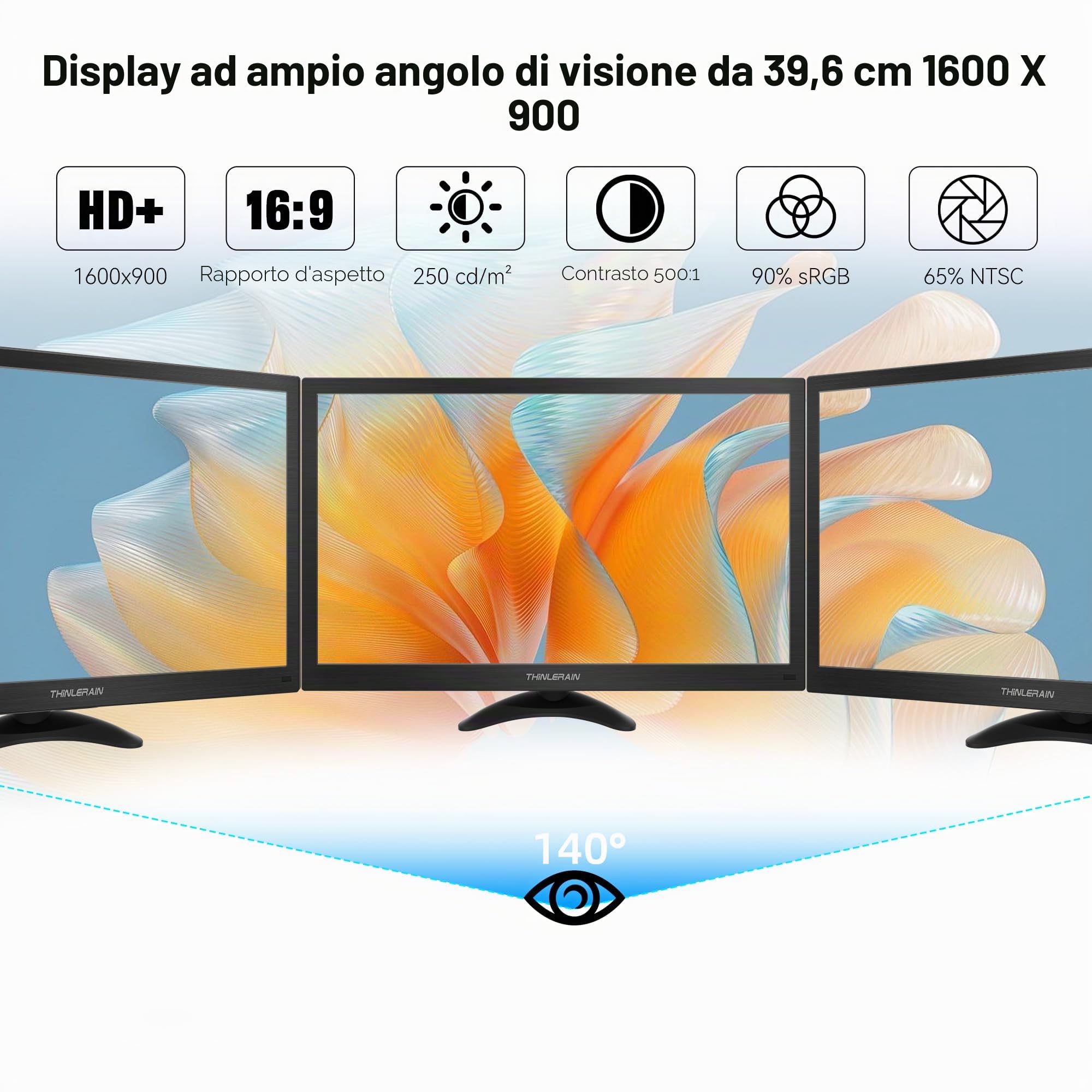 Monitor PC da 15,6 pollici, pannello 1600 × 900 TN, 60 Hz, 5 ms, piccolo monitor da desktop con connettore HDMI/VGA/BNC/AV/USB/AV, due altoparlanti, VESA