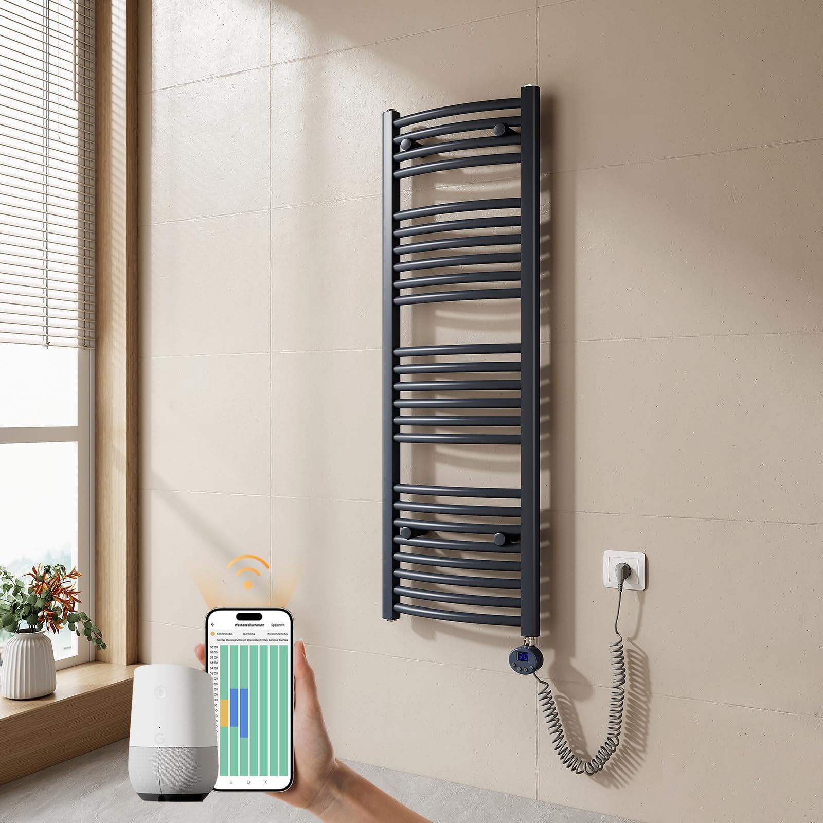 EMKE Radiador Toallero ElƩctrico para BaƱo,120 x 40 cm, 500 W,Antracita | Secatoallas elƩctrico con WiFi termostato, Toallero Electrico BaƱo Recycled Claim Standard Blended