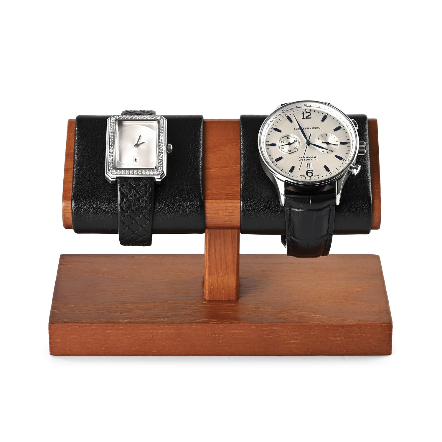 NFBCXUTKW Luxury Black Double Watch Stand Wooden Watch Holder with PU Leather Surface Compact Display Stand for 2 Watches Ideal for Home & Jewellery Stores