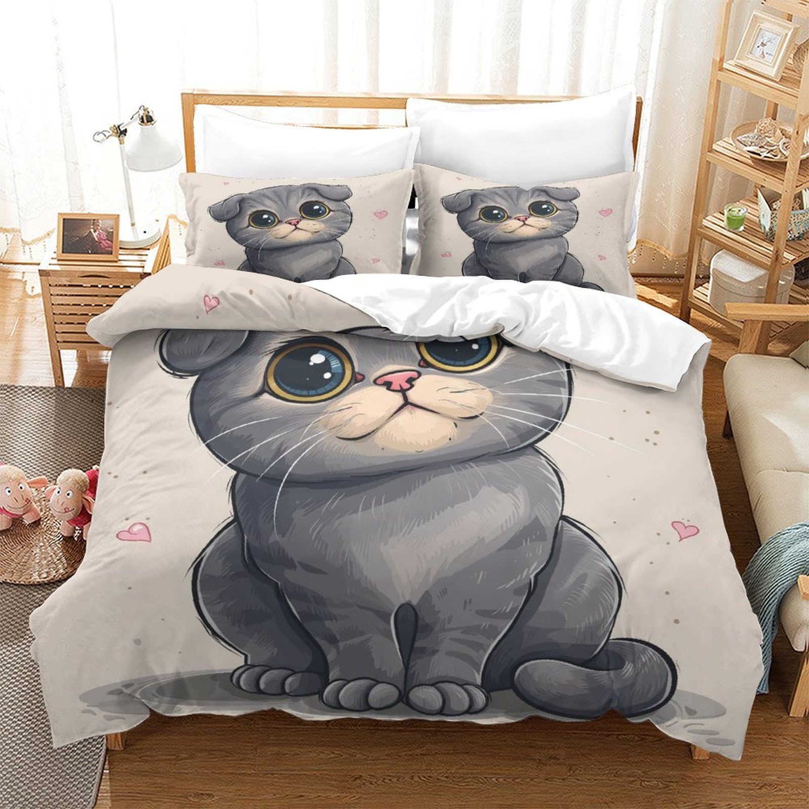 Housse de couette chat 140x200 cm avec 2 taies d'oreiller