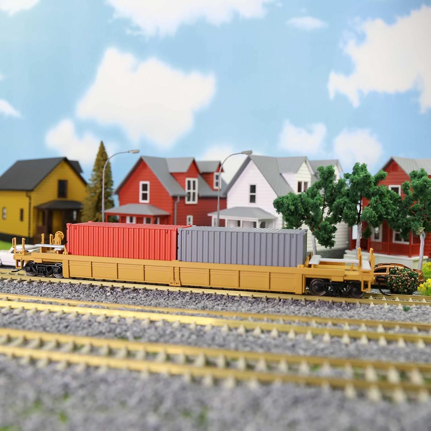 Evemodel C8749 HO Scale 40ft Well Car 1:87 Concave Bottom 40' Flat Car Wagon (3pcs - Yellow)
