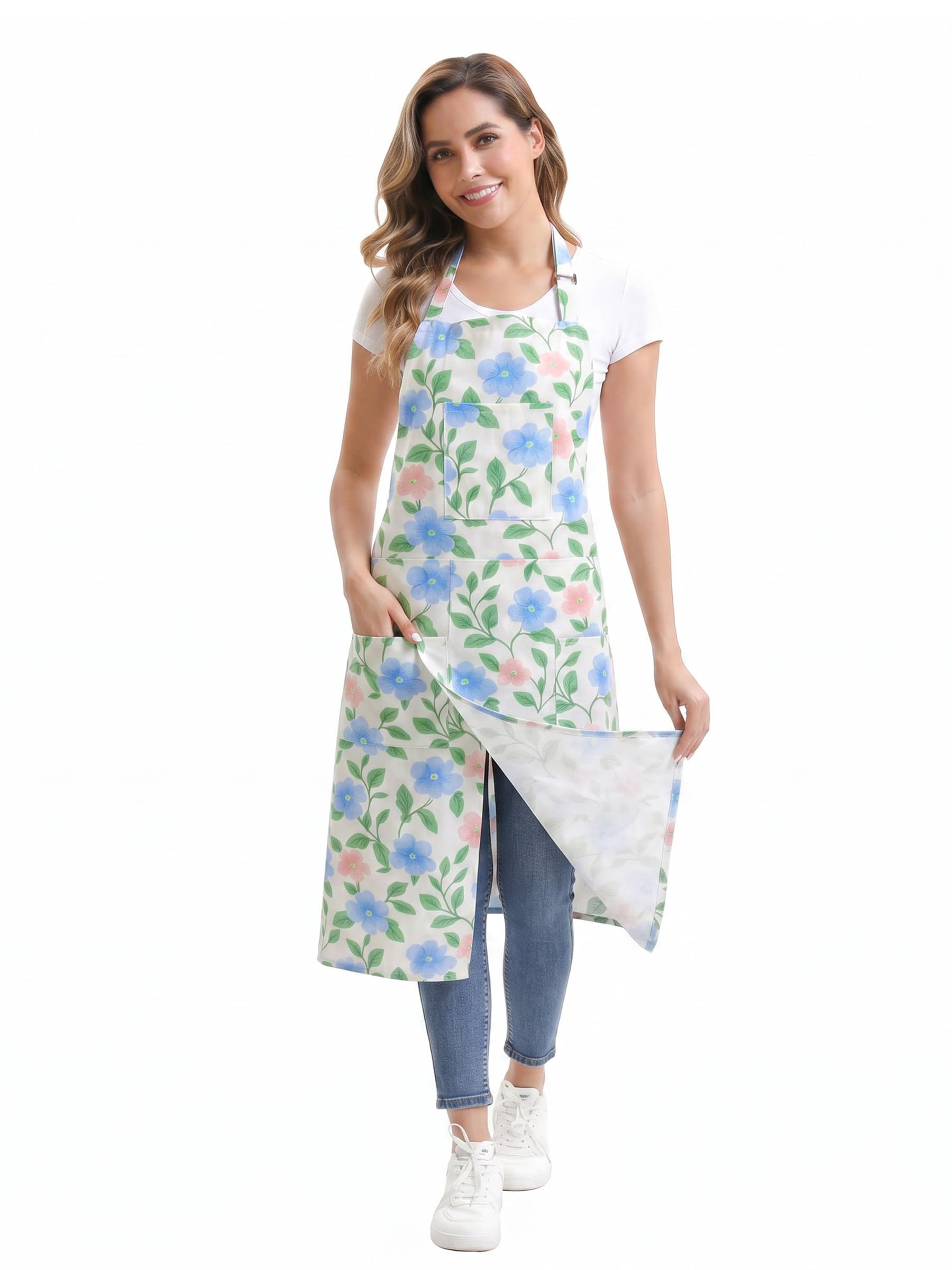 Nanxson Pottery Split Leg Apron for Men & Women, Full Coverage Apron for Crafting Painting Hairdressing Gardening (Blue Flower)