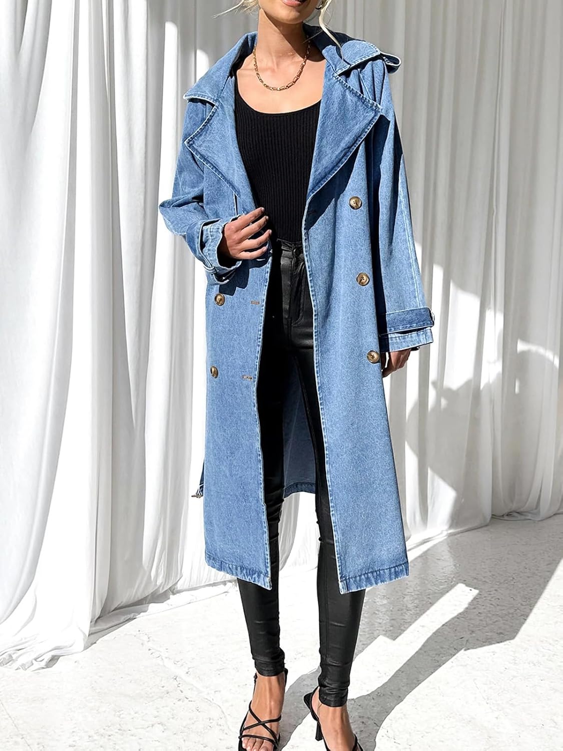 Fazortev Women's Long Double Breasted Denim Jacket Oversized Button Down Maxi Jean Coat Classic Lapel Outercoat - Image 5