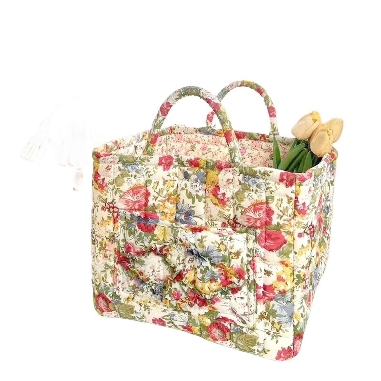 SUBLXPoten Foldable Floral Organizer Bin Floral Fabric Storage Bins with Handles, Folding Desktop Basket, Multi-Compartment Organizer for Clothes, Underwear & Decor