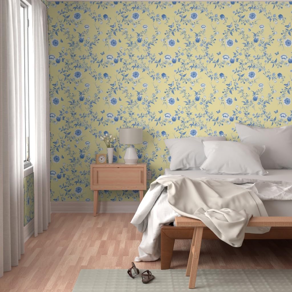 Peel & Stick Wallpaper 3ft x 2ft - Pale Yellow Chinoiserie Dowager Floral Pastel Blue Flowers Butterfly Custom Removable Wallpaper by Spoonflower
