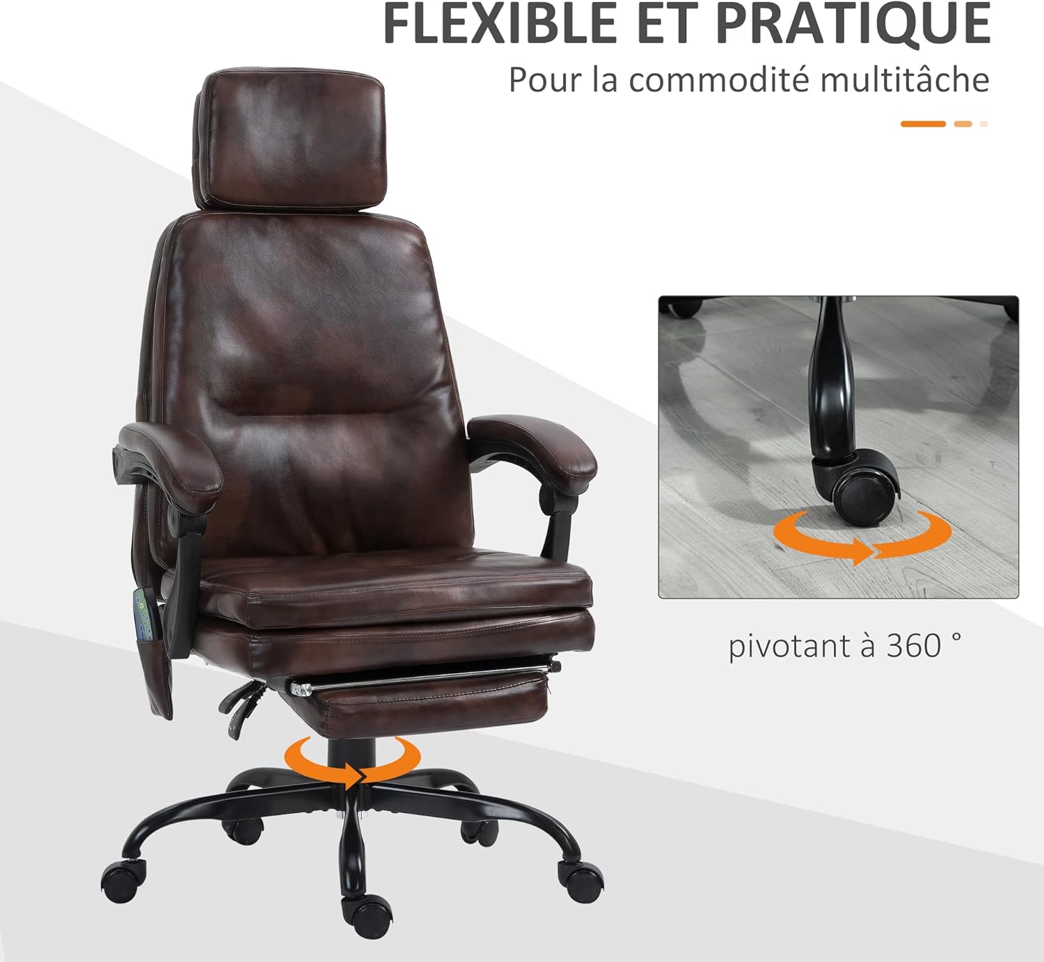 Diagram showing the chair's 360-degree swivel and multi-directional casters