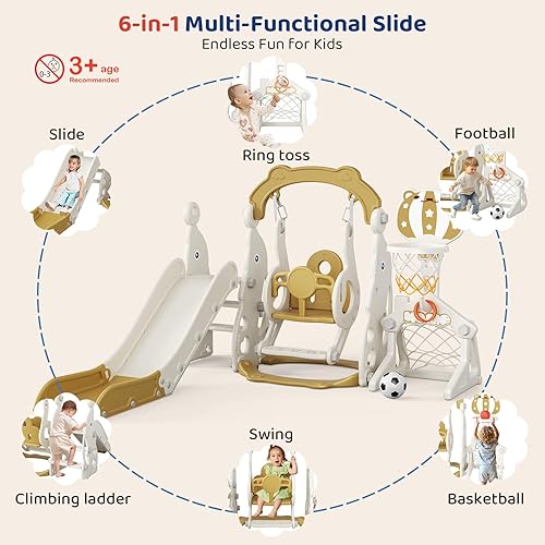 Vista 5 de Tobogán para Niños Pequeños, Conjunto de Juegos 6 en 1 para Niños Pequeños - Actualizado con Tobogán para Niños, Columpio, Fútbol y Lanzamiento