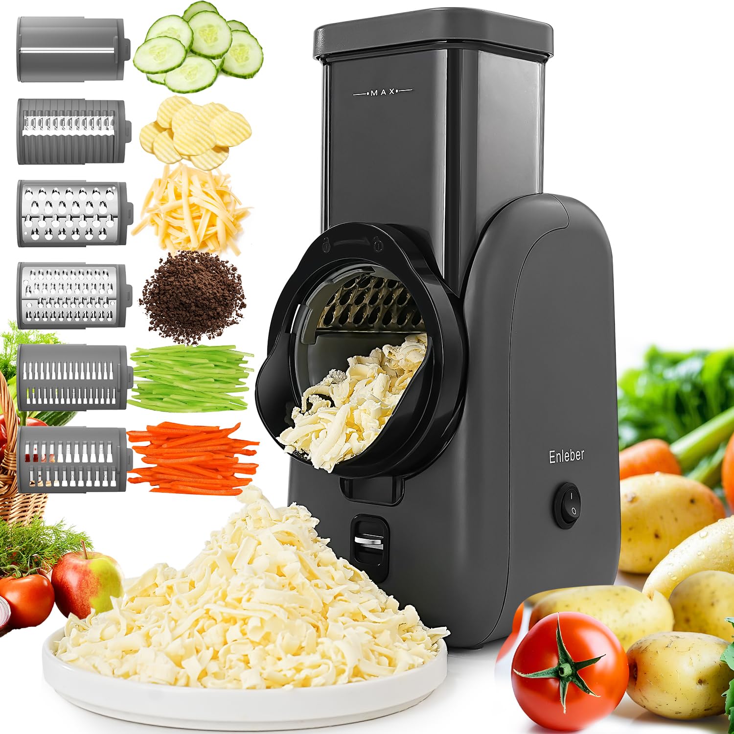 Electric Cheese Grater,Electric Salad Maker,Multi Grater, Fruit Cutter, Automatic Vegetable Chopper Slicer,Food Processor,for Cheese, Cucumber, Carrot,Gray-Black