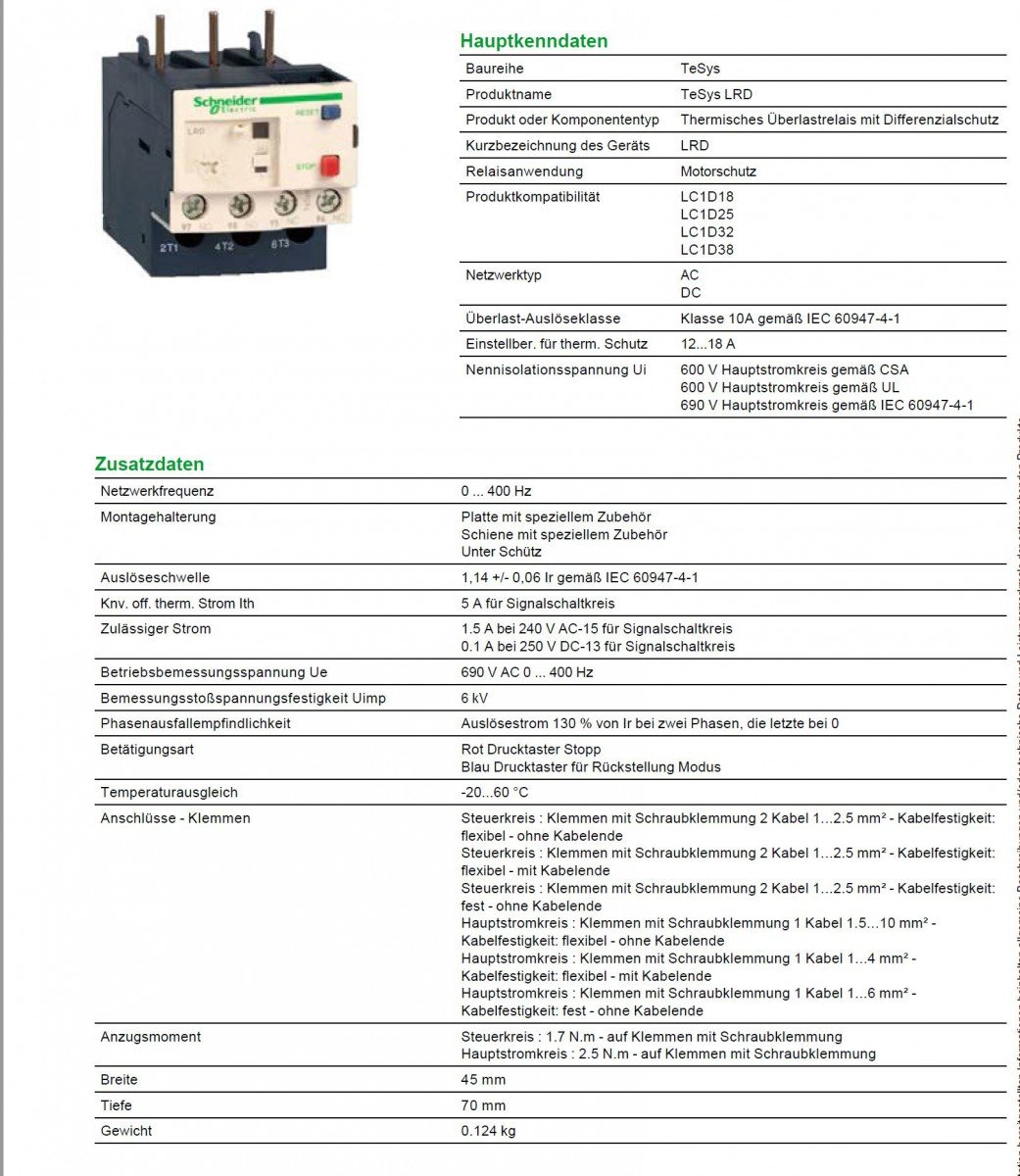 Schneider Electric LRD21 Tesys D Relés de Protección Térmica, 12.18 A, Clase 10A