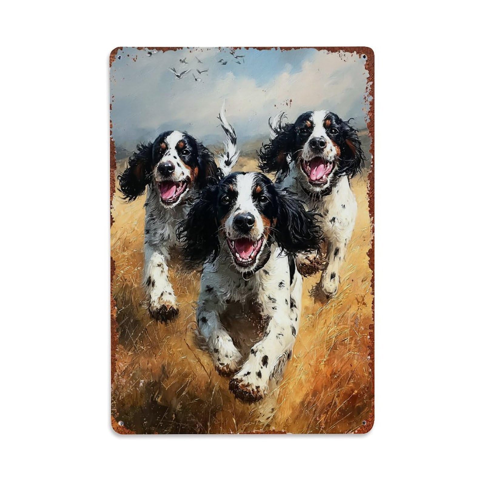 Cocker Spaniel Dogs Running Field Retro Metal Tin Sign, Vintage Decor Art Poster for Bar, Home, Man Cave, Kitchen, Laundry Room Gift 8x12Inch