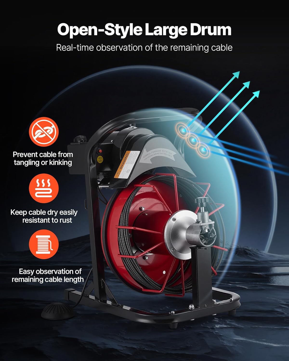 VEVOR Drain Cleaner Machine 50 FT x 5/16 Inch, Auto Feed Sewer Snake Auger with 4 Cutters & Air-Activated Foot Switch for 2" to 4" Pipes