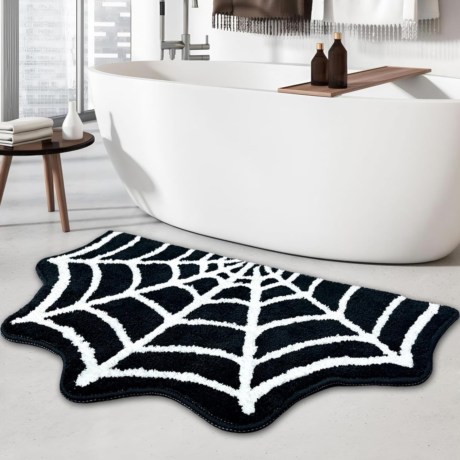 Spider Web Bath Mat, 31"x20" Halloween Bath Mat Goth Rug Absorbent Spiderweb Rug, Non Slip Machine Washable Goth Area Rug Gothic Decor for Bathroom, Front Door, Bedroom (Black)