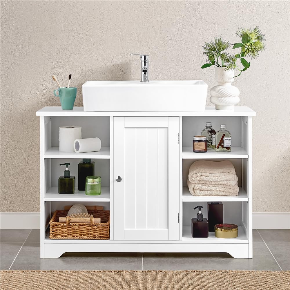 Yaheetech Mueble Bajo Lavabo de Madera Amplio Espacio de Almacenamiento | 60×30×90 cm mueble auxiliar de baño 6 Estantes y 1 Puerta Aramrio de Lavabo Blanco