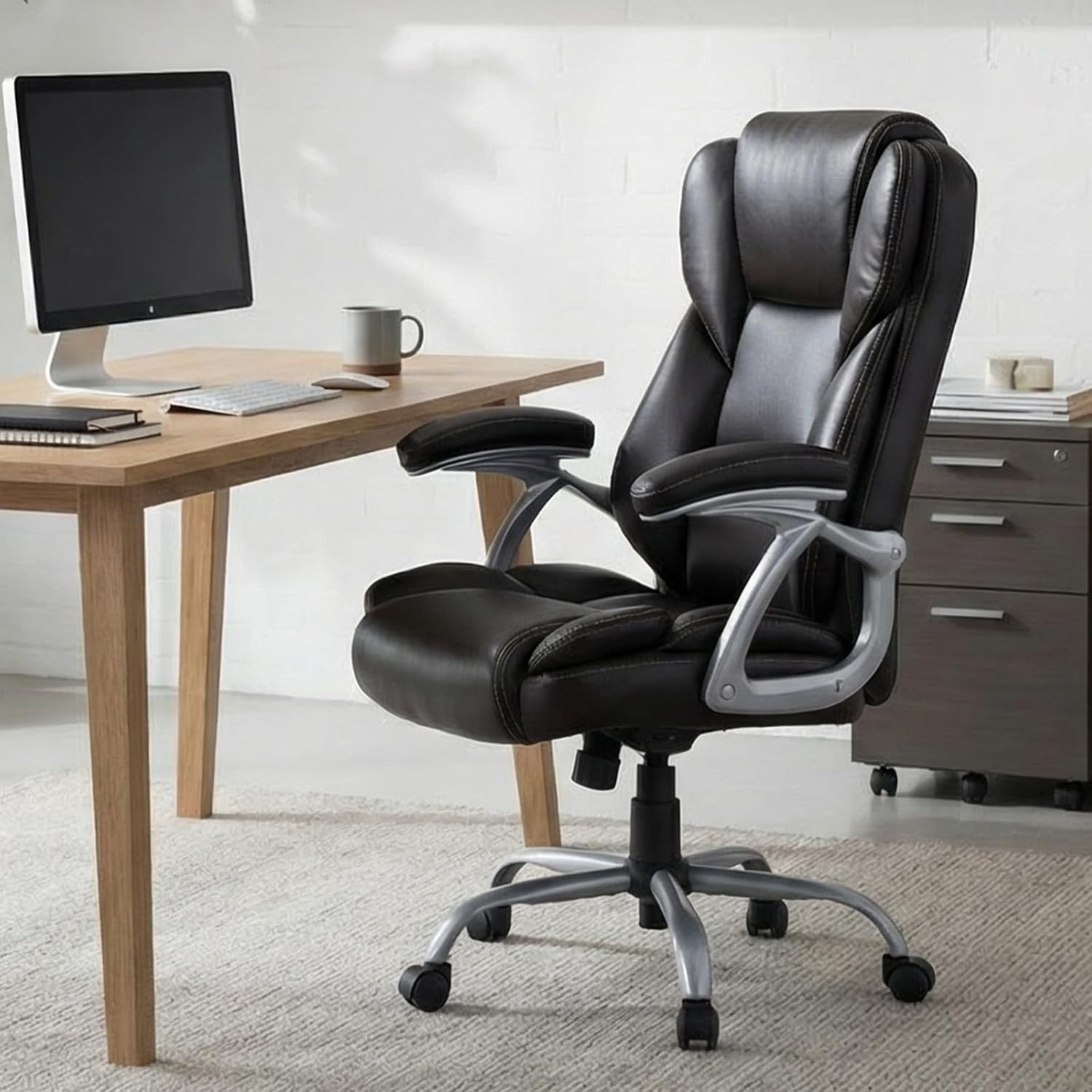 Giantex Executive Office Chair, Leather Ergonomic Computer Desk Chair w/Rocking Function, Padded Seat & Arms, Height Adjustable Gaming Chairs, High Back Rolling Swivel Chair for Home Office (Espresso)