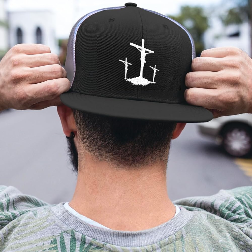 Three Crosses Flatbill Christian Trucker Hat - Adjustable Snapback