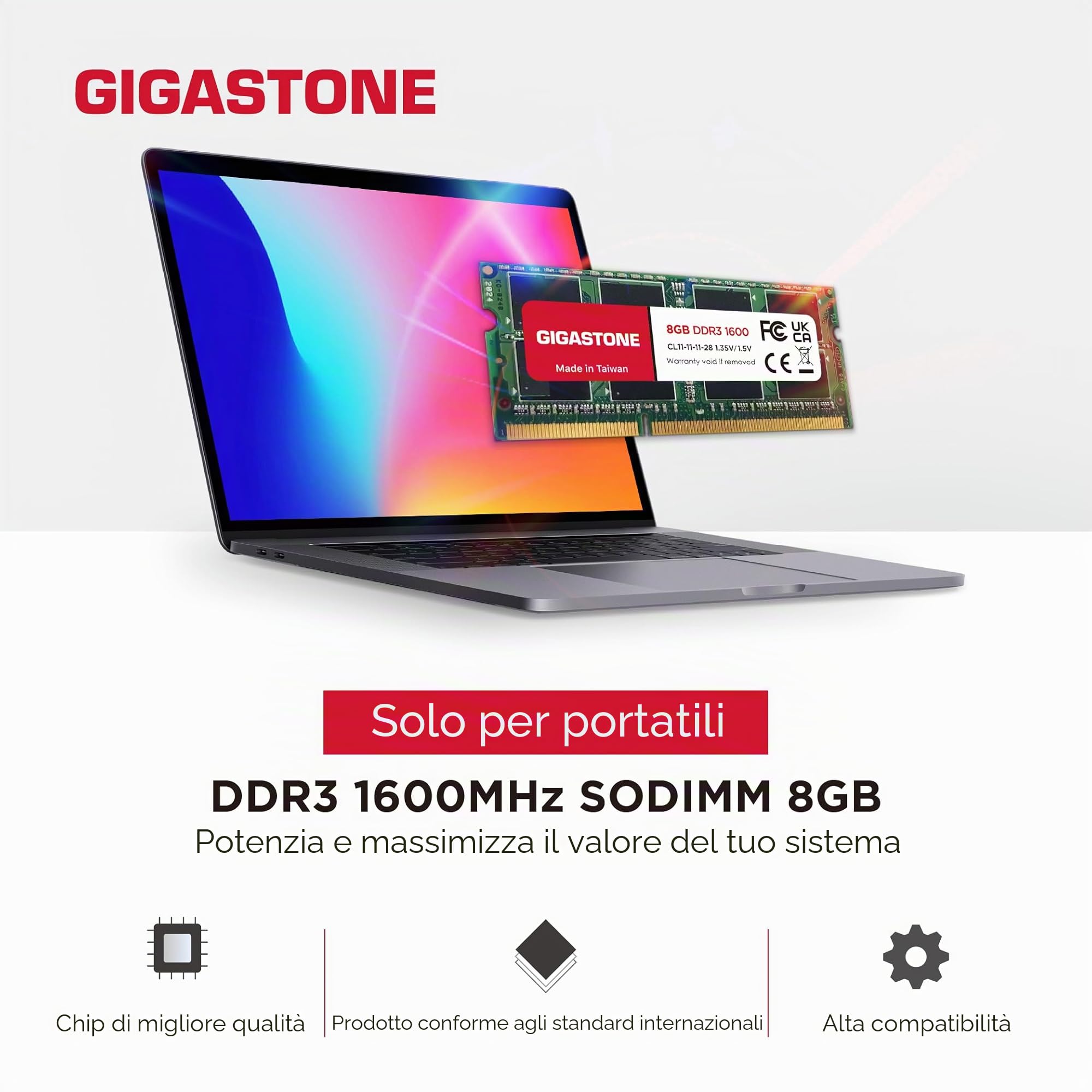 [RAM DDR3] Gigastone Computer portatile RAM 16GB (2x8GB) DDR3 16GB DDR3-1600MHz PC3-12800 Unbuffered Non-ECC 1.35V CL11 SODIMM RAM di Memoria 204 Pin Ideale per Laptop (SOLO Laptop)