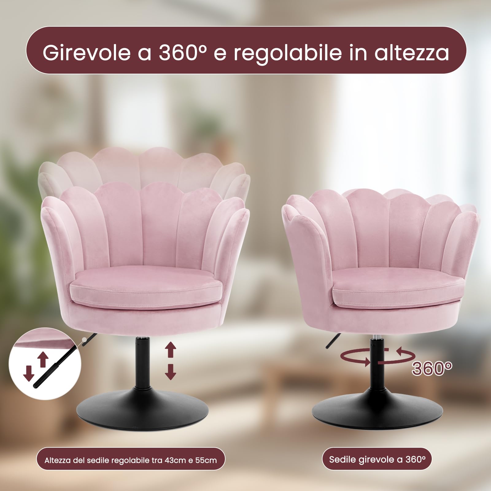 WOLTU Sedia da Trucco, Sgabello Cucina, Poltrona con Seduta a Forma di Fiore, Girevole a 360°, Sedia in Velluto per Camera da Letto, Soggiorno, Altezza Regolabile 43-55 cm, Rosa