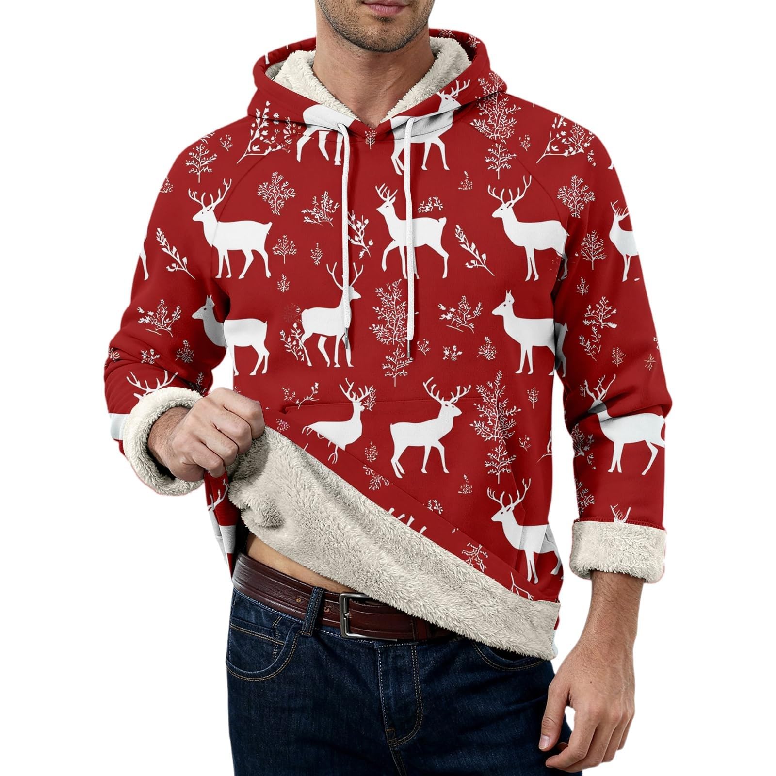 Suéter de Navidad con forro polar para hombre, divertido árbol de Navidad, reno, sudaderas, tallas grandes, trajes navideños, manga larga, cálido, suéter sherpa, novedad, disfraz de Navidad
