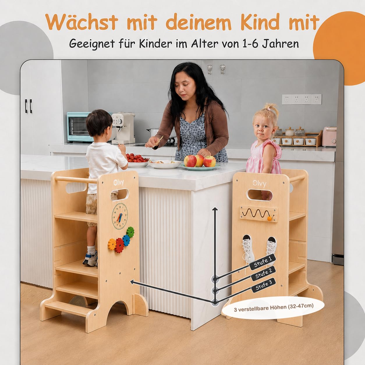 Olvy Kids 4-in-1 Montessori Lernturm - Learning Tower - Trittleiter Holz - Kindertritt 4 Stufen - Küchenturm Kinder - Steh Lernturm ab 1 Jahr - Kindertreppe Faltbar
