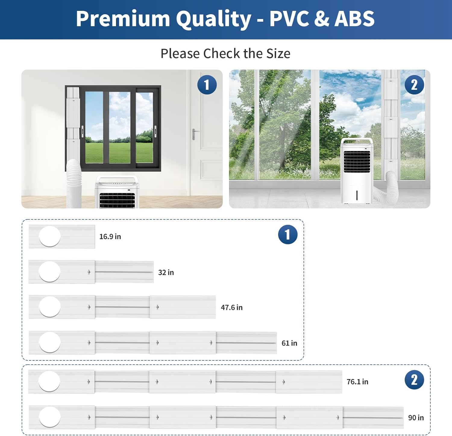 Portable Air Conditioner Sliding Door Vent Kit - Adjustable Length up to 90 Inches, Universal Balcony Seal Plate Set for 5.1" & 5.9" Diameter AC Exhaust Hose