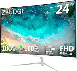 Monitor curvo Z-Edge de 24 polegadas Full HD 1920x1080 LED monitor de computador 75Hz, painel VA, bisel ultrafino, sem cintilação, ângulo de visão amplo de 178°, porta VGA HDMI, branco