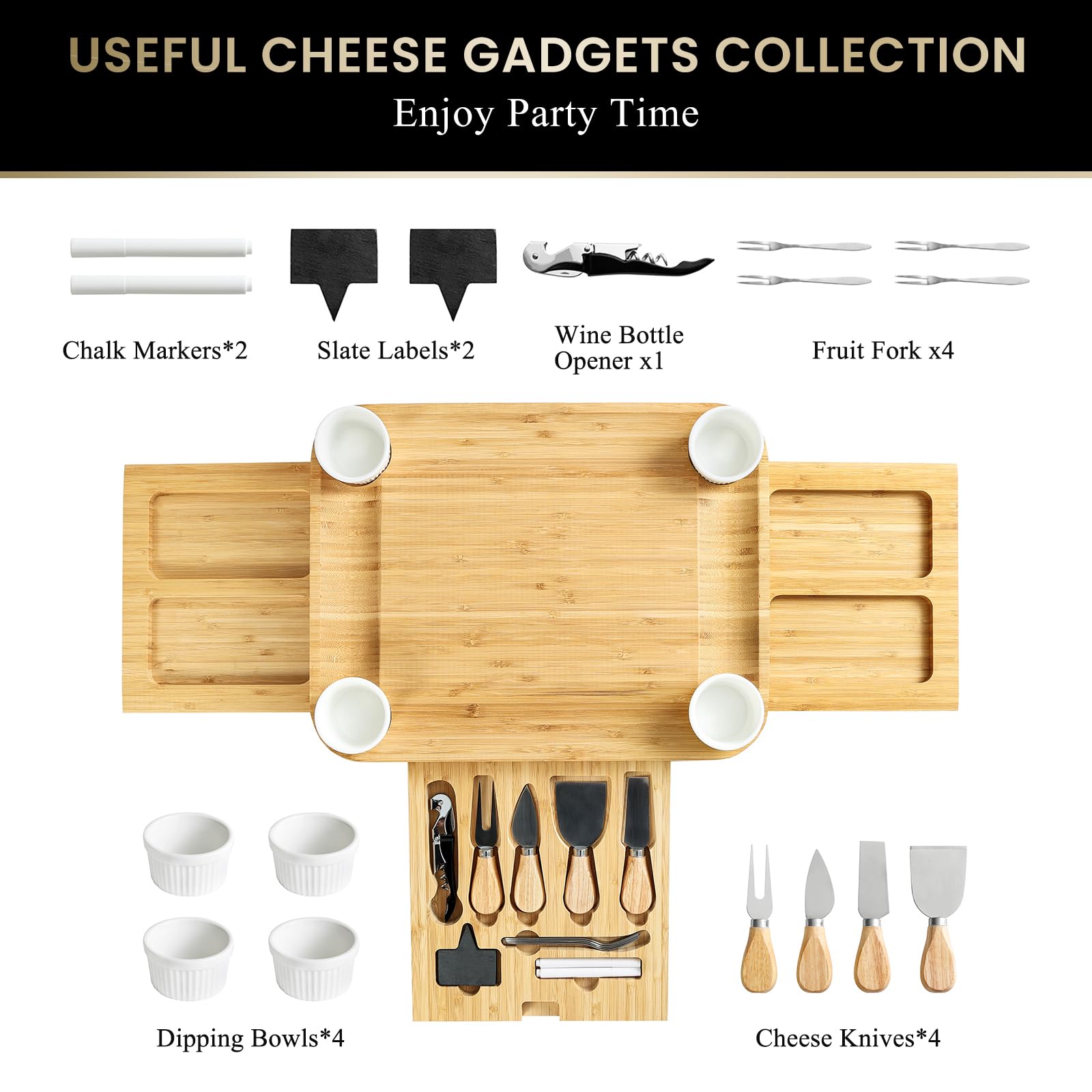 KHINYA Tablas de charcutería, juego de tablas de queso, tabla de charcutería con tapa, regalos para mujeres, plato de queso para inauguración de la casa, práctico diseño de tapa con asa (3 cajones,