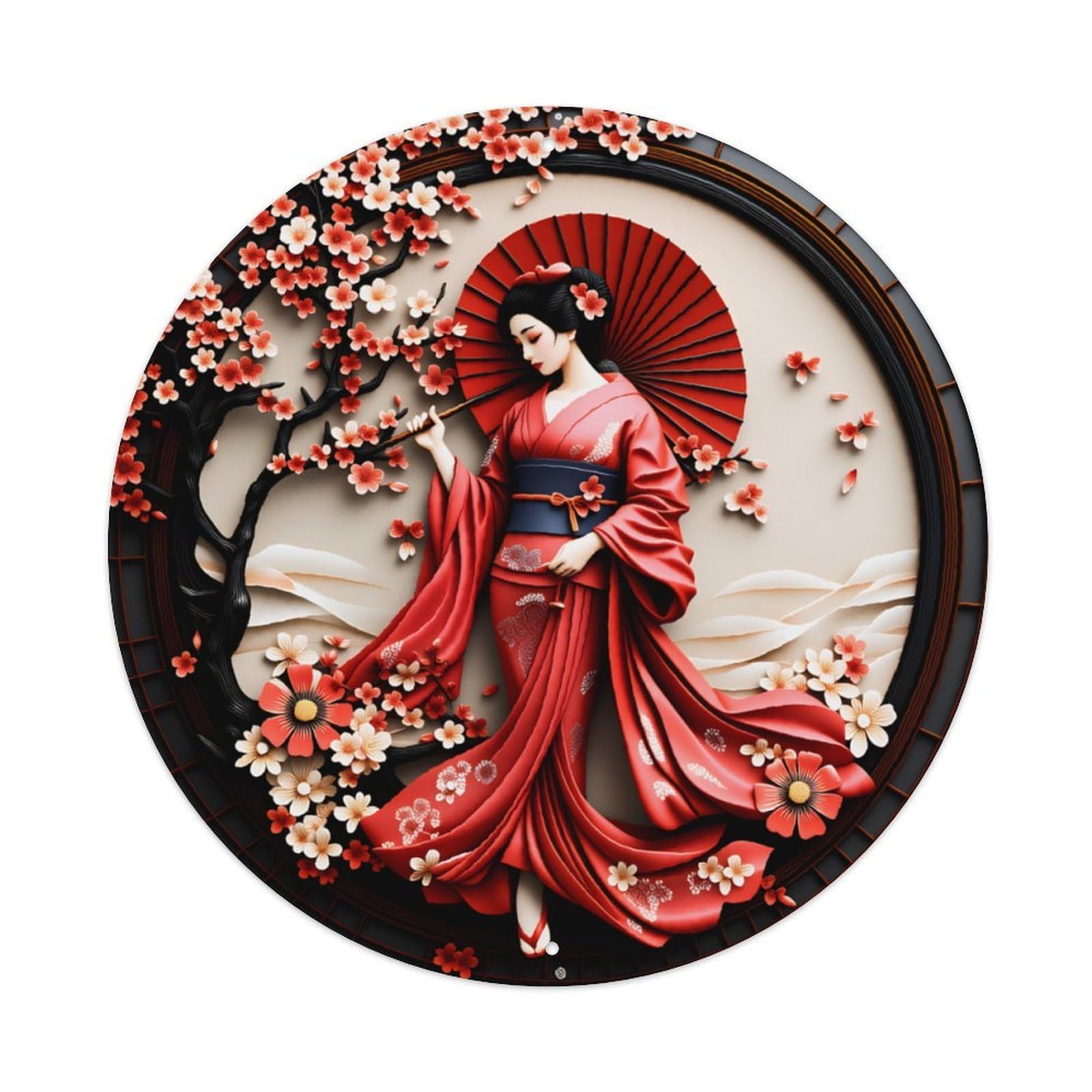 Cut Geisha Red Kimono Cherry Blossom Japanese Round Metal Sign Vintage Aluminium Metal Sign, Retro Wall Decor for Home, Bar, Garage & Farmhouse 20x20cm
