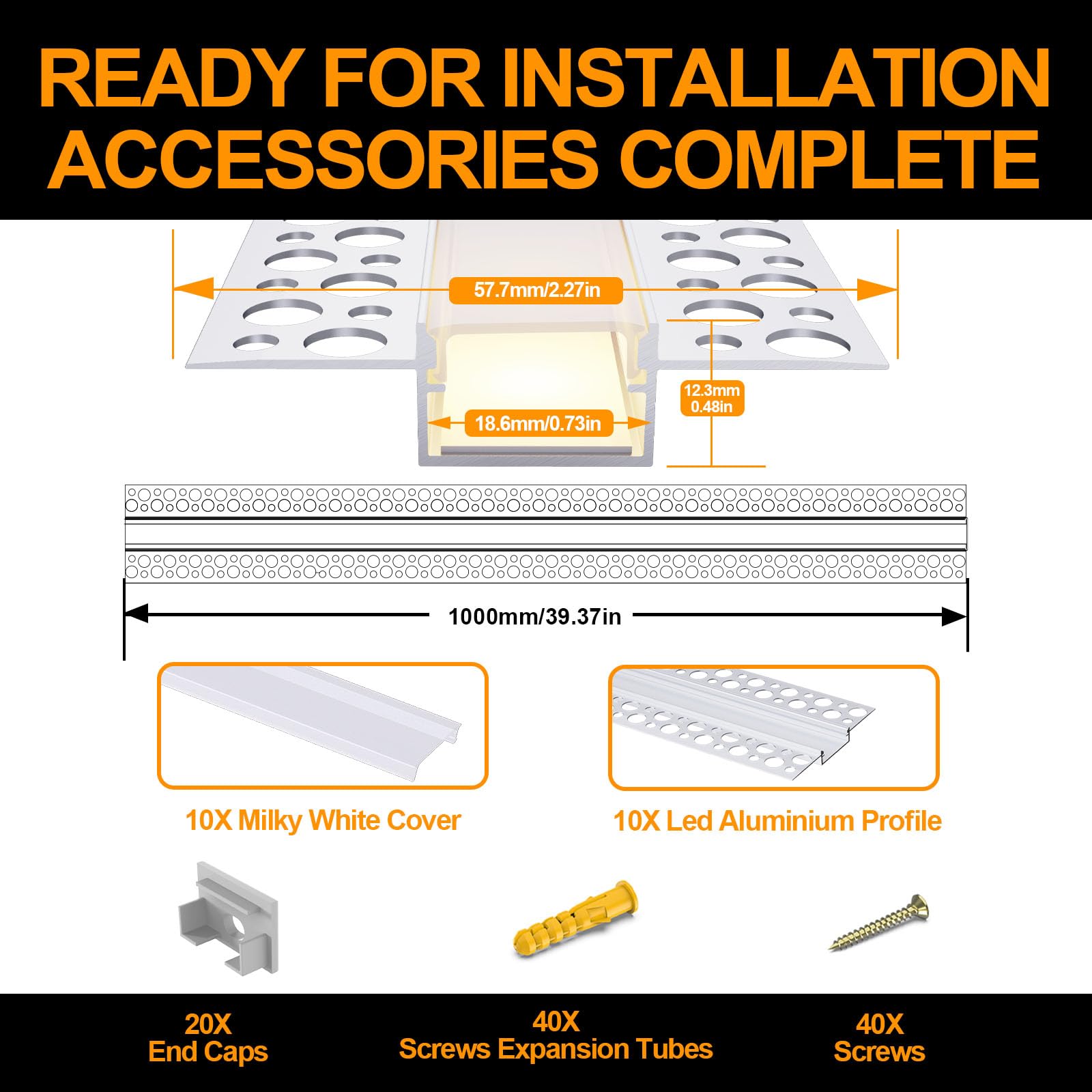 Chesbung 10x1M Profilé Led Encastrable, Profilés en Aluminium, Profile alu Pour Ruban Led Profilé Led Encastrable Rail Diffuseur (10Pack-1M-Weiß-Profil-18mm)