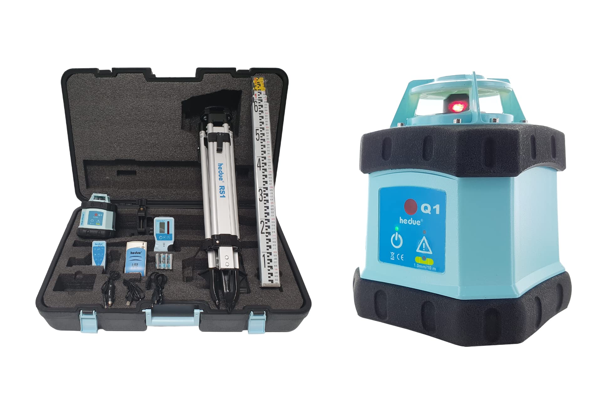 Laser rotante Q1 – laser rotativo autolivellante con raggio laser rosso, in valigetta grande (con treppiede, telecomando, ricevitore laser, piastra di livellamento, caricabatterie)