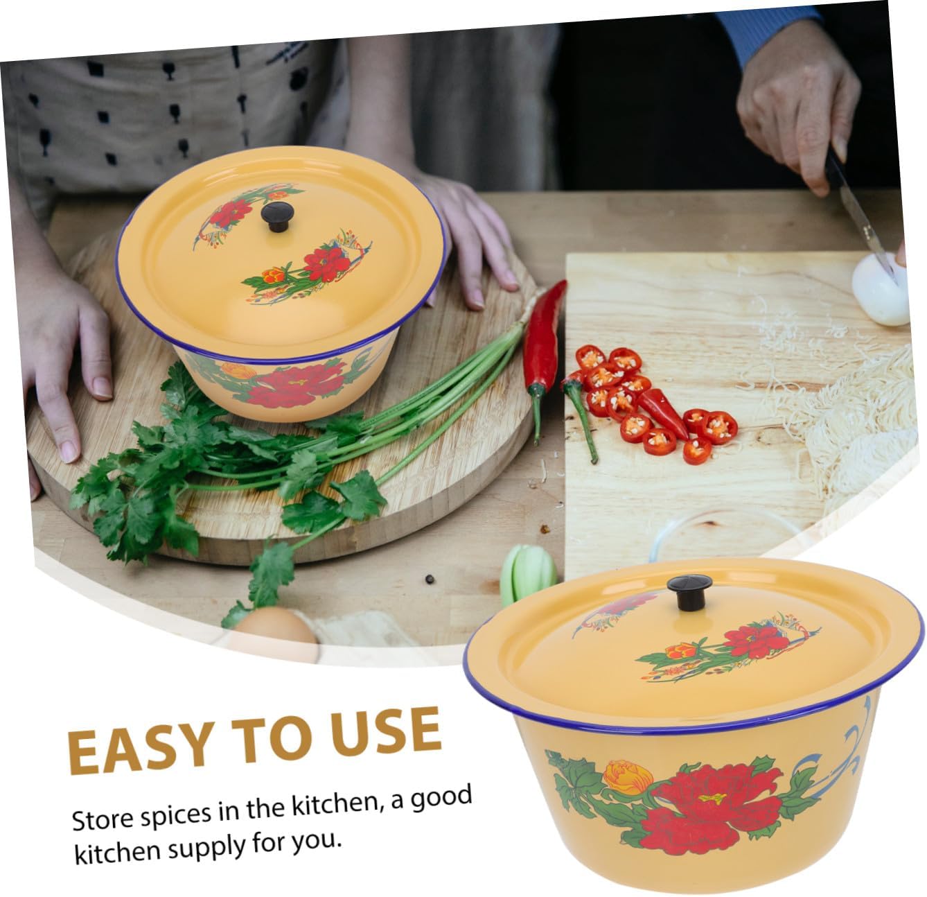 Homoyoyo Vintage Enamel Lard Pot with Lid 1.4l 19.5cm Chinese Style Oil Bowl Household Enamelware Condiment Storage Pot for Kitchen Cooking