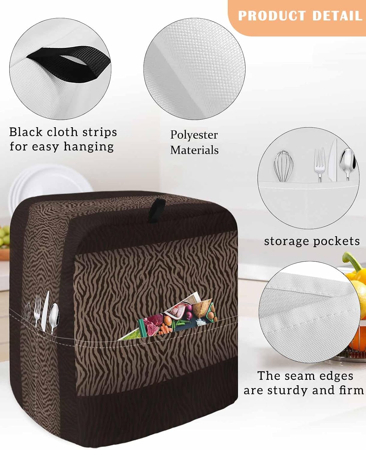 Zebras Print Stand Mixer Cover with Storage Pocket, Waterproof Kitchen Mixer Covers, Abstract Animal Skin Texture Brown Kitchen Appliance Dust Cover Compatible with 5-8 Quart Mixers