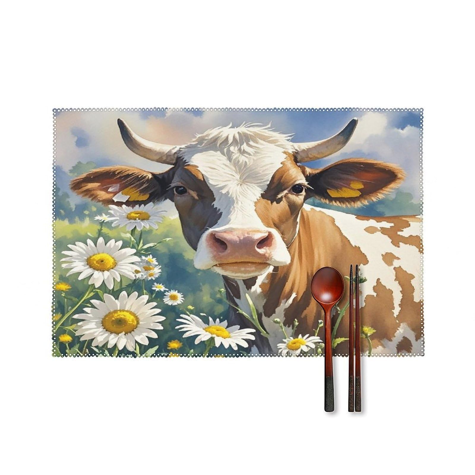 Watercolor Cow and Daisy Flower Placemats Set of 4 Heat Resistant Non-Slip Place Mats Wipeable Easy to Clean Table Mats for Kitchen Dining Party Outdoor Placemats