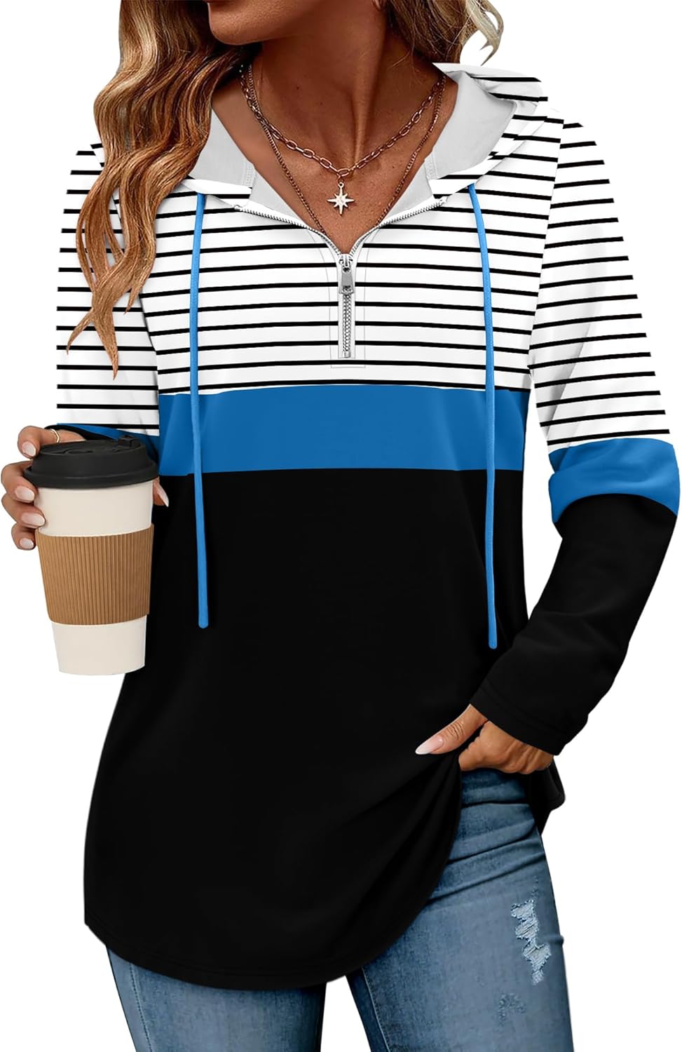 BETTE BOUTIK Womens Quarter Zip Tunic Hoodies Pullover Long Hooded Sweatshirts S-3XL