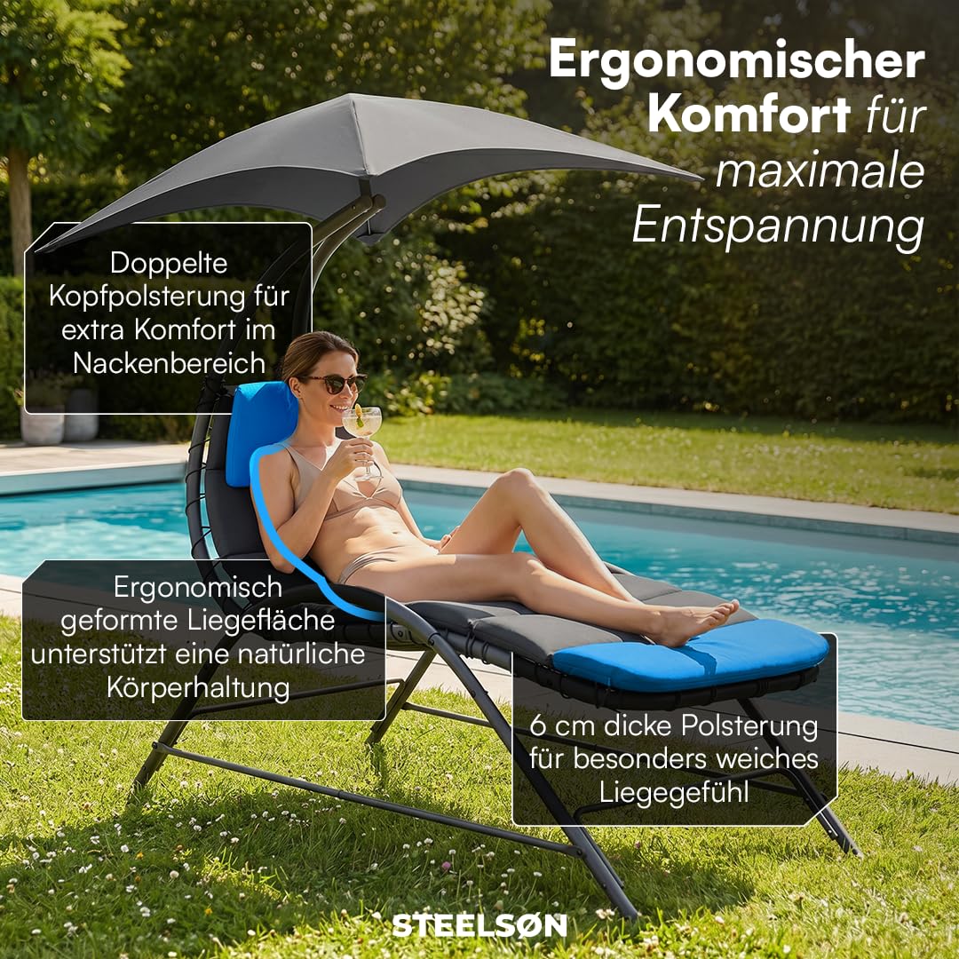 STEELSØN Nyria Sonnenliege mit Kissen Anthrazit – Gartenliege verstellbares Sonnendach – Liegestuhl bis 120 kg – Balkonliege wetterfest – Relaxliege großzügige Liegefläche – Outdoor Liege mit Gestell